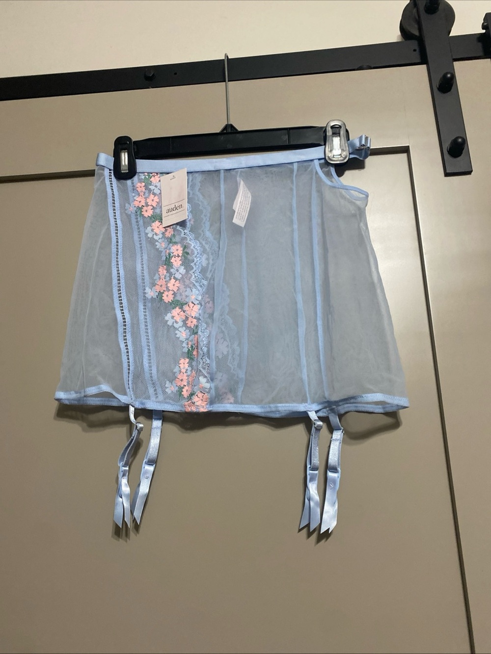 Auden Light Blue Sheer Garter Skirt with Pink Floral Embroidery